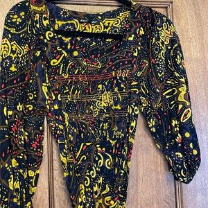 Multicolor black dress with 3/4 sleeves and waist tie in front, side or back